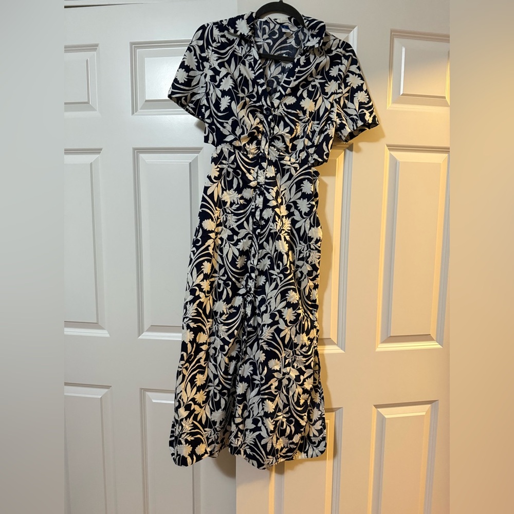 Old Navy Navy Blue & White floral A-line cutout midi dress